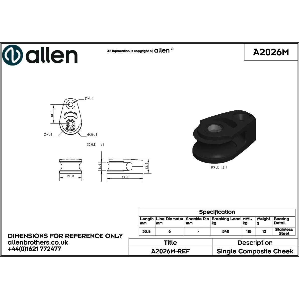 Allen 20mm Single Composite Cheek Block - A2026M