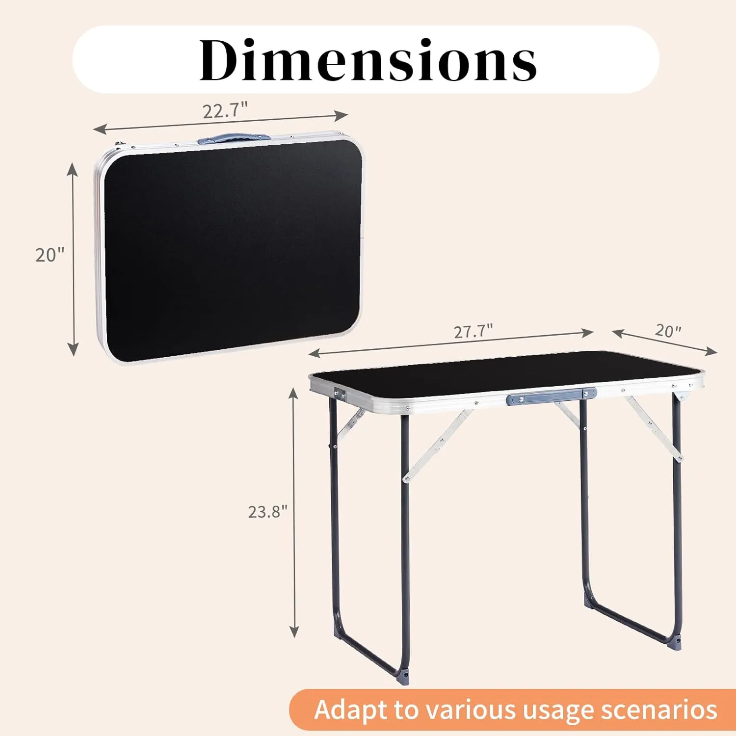 Aluminum Camping Folding Table, Easy Assemble, for Garden, Backyard, Courtyard, Beach. (Black, 27.56" Lx 19.69" Wx 23.62" H)