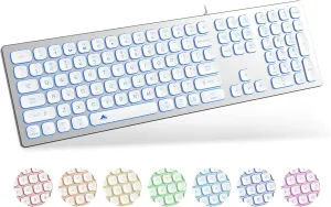 Aluminum Quiet Wired Keyboard Backlit- Slim Chiclet Key Compatible with Apple iMac, MacBook, Mac and PC, USB Keyboard Numeric Keypad RGB Lighted Key - Silver White