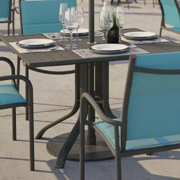 Aluminum Slat 36" Square KD Pedestal Dining Table With Umbrella Hole by Tropitone