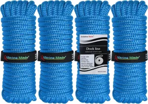 Amarine Made 4 Pack Double Braided Nylon Dock Lines, 3300 lbs Breaking Strength (L:15 ft. D:3/8 inch Eyelet: 10 inch), Blue Marine Mooring Rope, Boat Dock Lines Working Load Limit:660 lbs