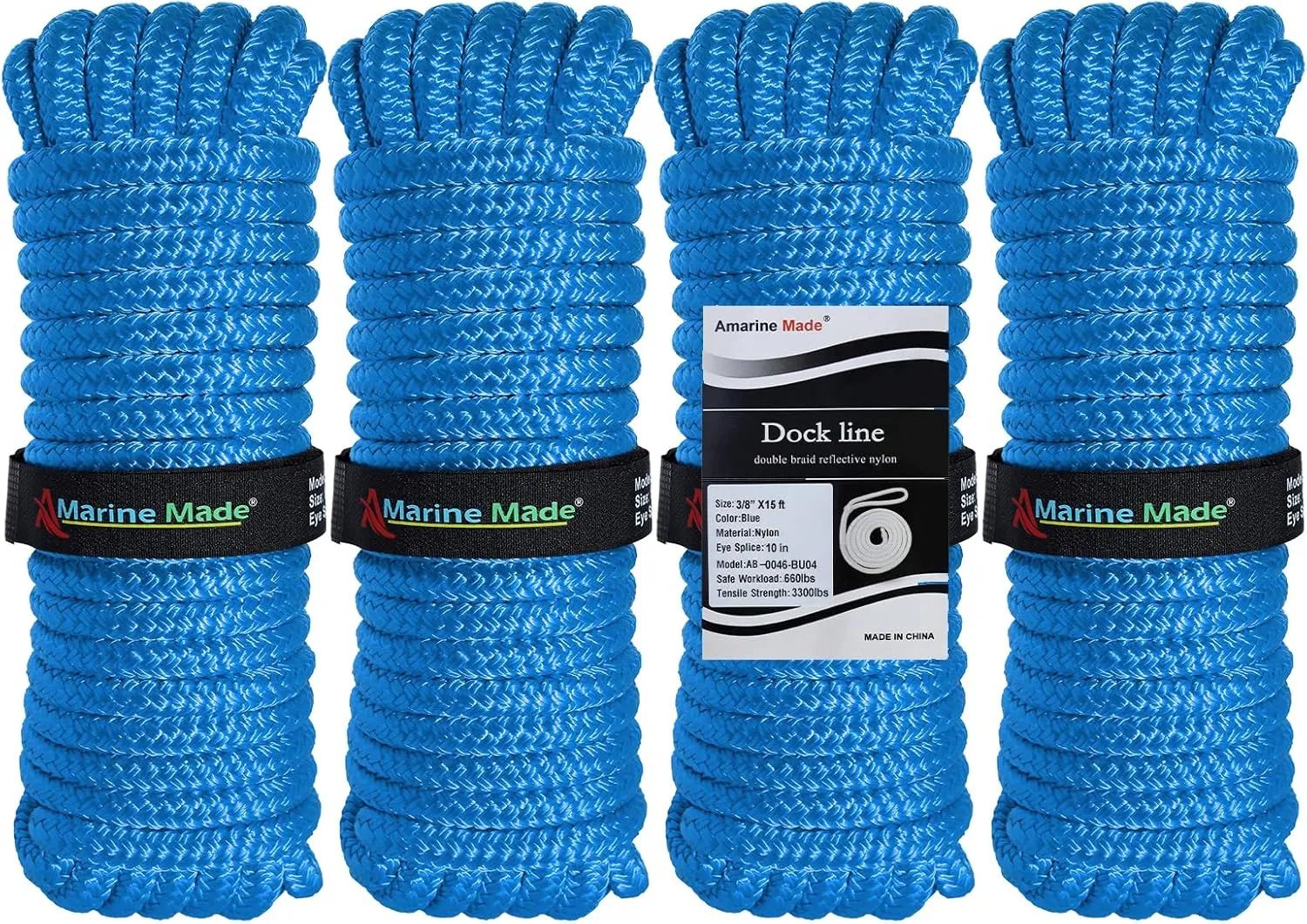 Amarine Made 4 Pack Double Braided Nylon Dock Lines, 3300 lbs Breaking Strength (L:15 ft. D:3/8 inch Eyelet: 10 inch), Blue Marine Mooring Rope, Boat Dock Lines Working Load Limit:660 lbs