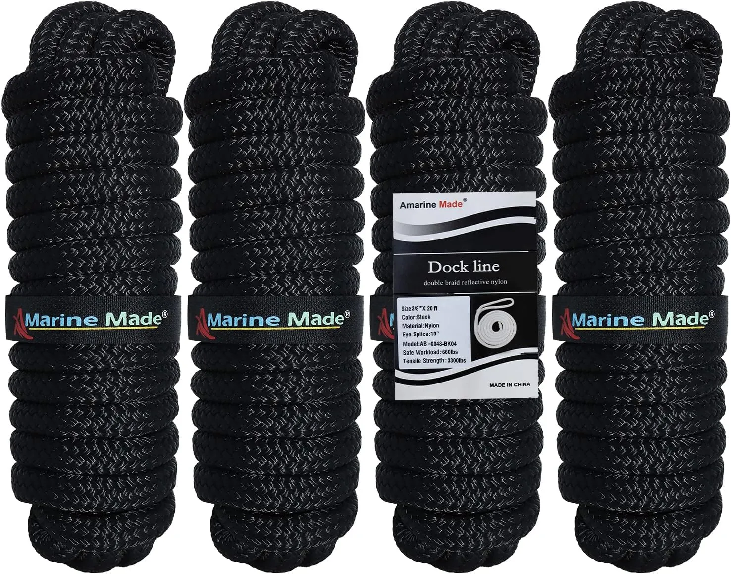 Amarine Made Double Braided Nylon Dock Lines 3300 lbs Breaking Strength (L:20 ft. D:3/8 inch Eyelet: 10 inch) 4 Pack of Marine Mooring Rope Boat Dock Lines with Loop Working Load Limit:660 lbs