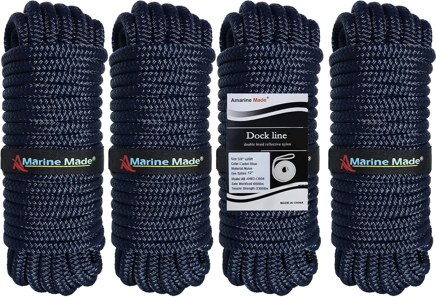 Amarine Made Double Braided Nylon Dock Lines with Loop 3300 lbs Breaking Strength (L:20 ft. D:3/8 inch Eyelet: 12 inch) 4 Pack of Marine Mooring Rope Boat Dock Lines Working Load Limit:660 lbs