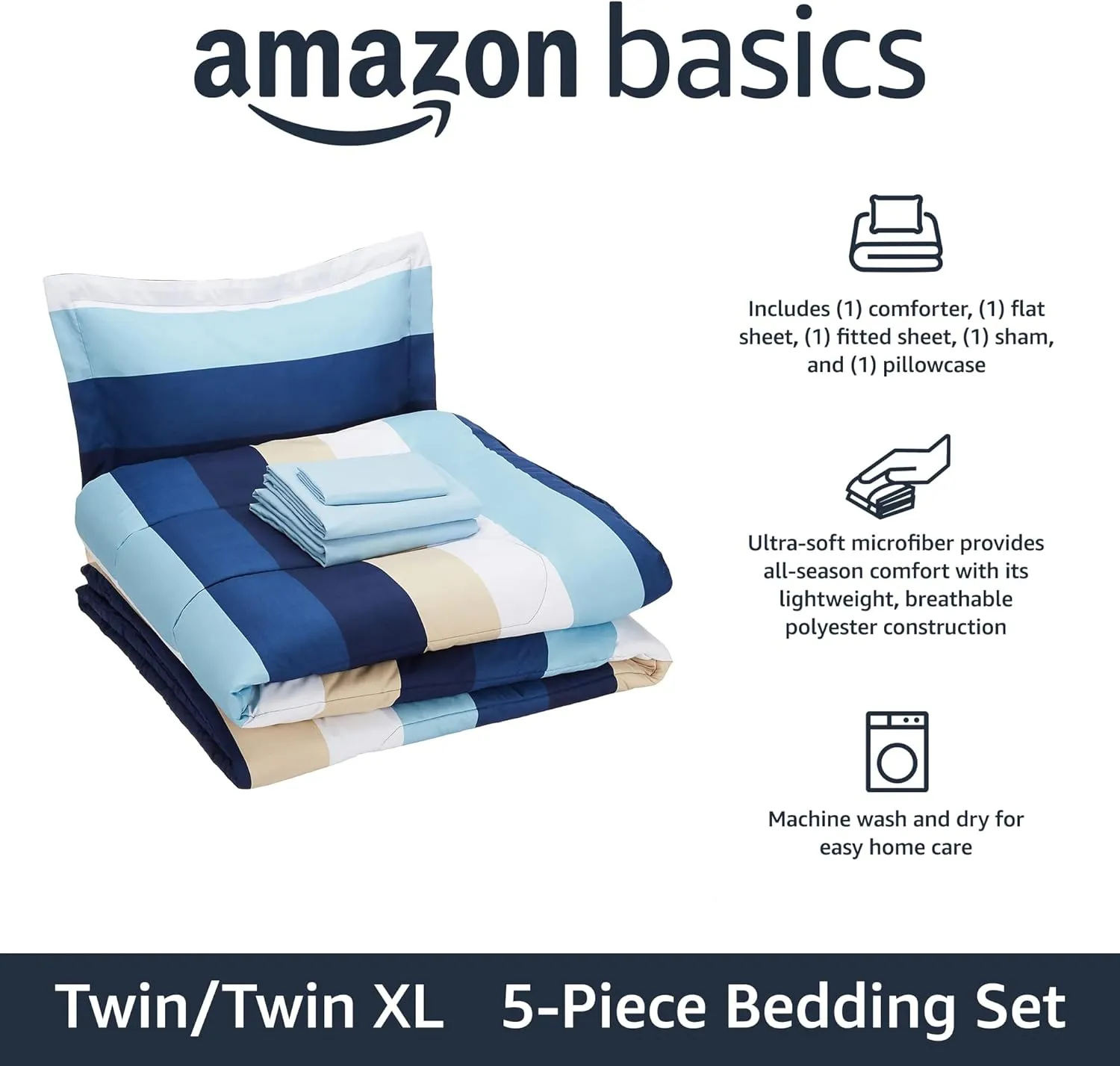 Amazon Basics 5-Piece Lightweight Microfiber Comforter Set with Sheets ,Bed-in-a-Bag Sheets, Blue Striped Bedding, Twin/Twin XL