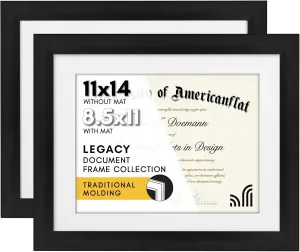 Americanflat 11x14 Diploma Frame with Shatter-Resistant Glass - Set of 2 - Use as 8.5x11 Frame with Mat or Display 11x14 Documents Without Mat - Legacy Collection - Certificate Frames for Wall - Black