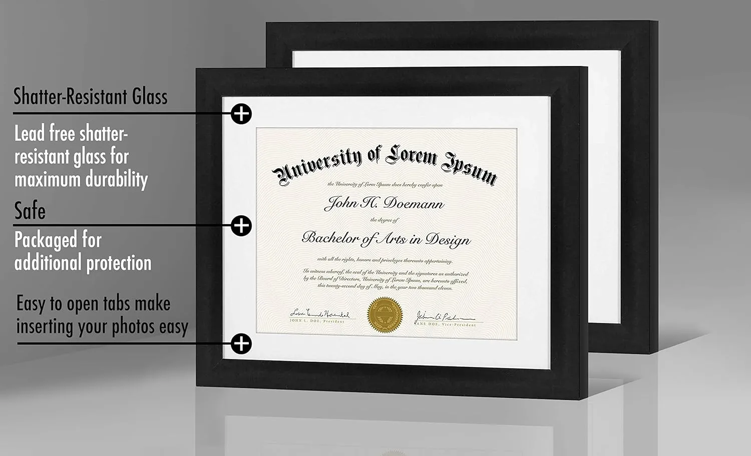 Americanflat 11x14 Diploma Frame with Shatter-Resistant Glass - Set of 2 - Use as 8.5x11 Frame with Mat or Display 11x14 Documents Without Mat - Legacy Collection - Certificate Frames for Wall - Black
