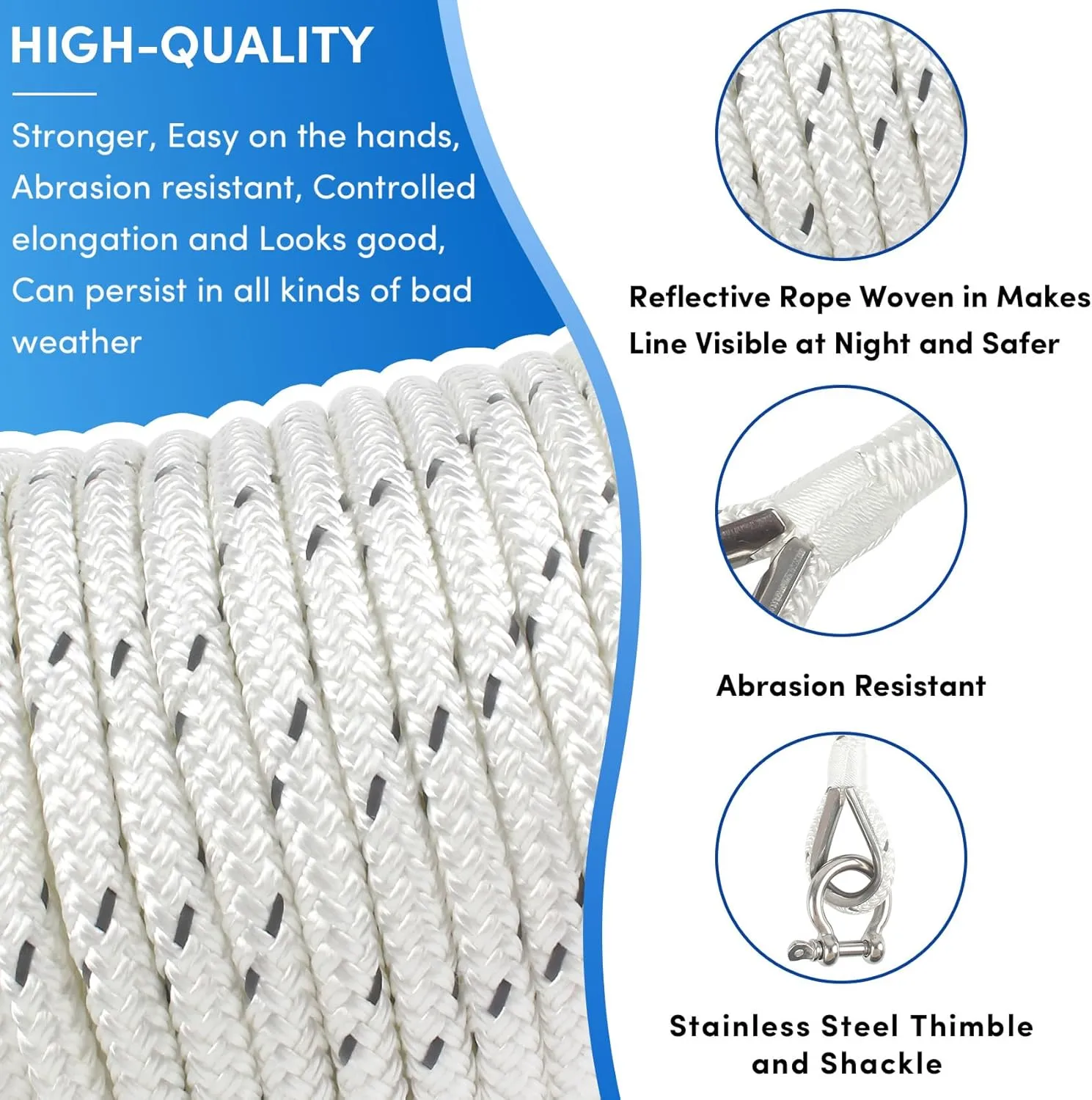 Anchor Rope 100 ft x 1/2 inch White, Double Braided Anchor Line with Stainless Steel Thimble & Shackle, Boat Rope with Reflective Strip Ideal for Towing,Mooring,Anchoring,for Boats Up to 35'