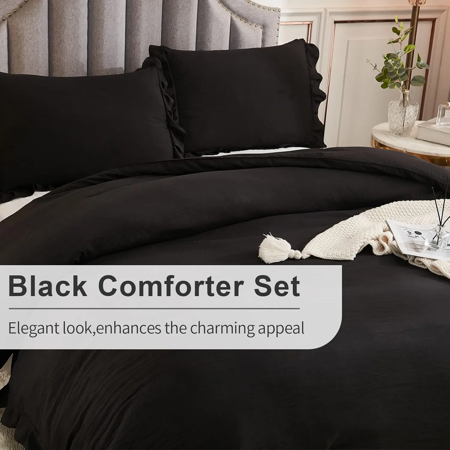 Andency Black Queen Comforter Set, 3 Pieces Farmhouse Shabby Chic Bedding Comforter & Sets for Queen Bed, Soft Lightweight Fluffy All Season Down Alternative Bed Set for Men Women
