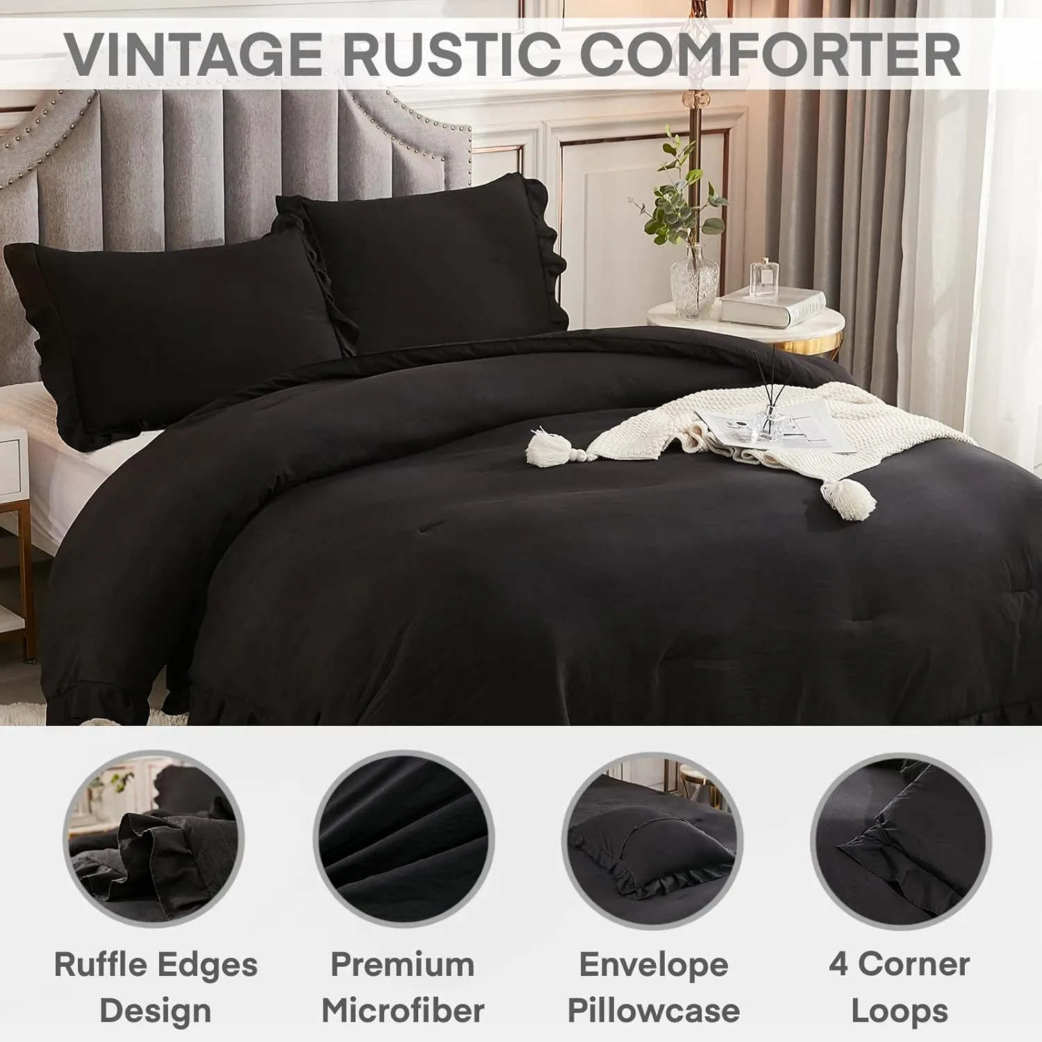 Andency Black Queen Comforter Set, 3 Pieces Farmhouse Shabby Chic Bedding Comforter & Sets for Queen Bed, Soft Lightweight Fluffy All Season Down Alternative Bed Set for Men Women