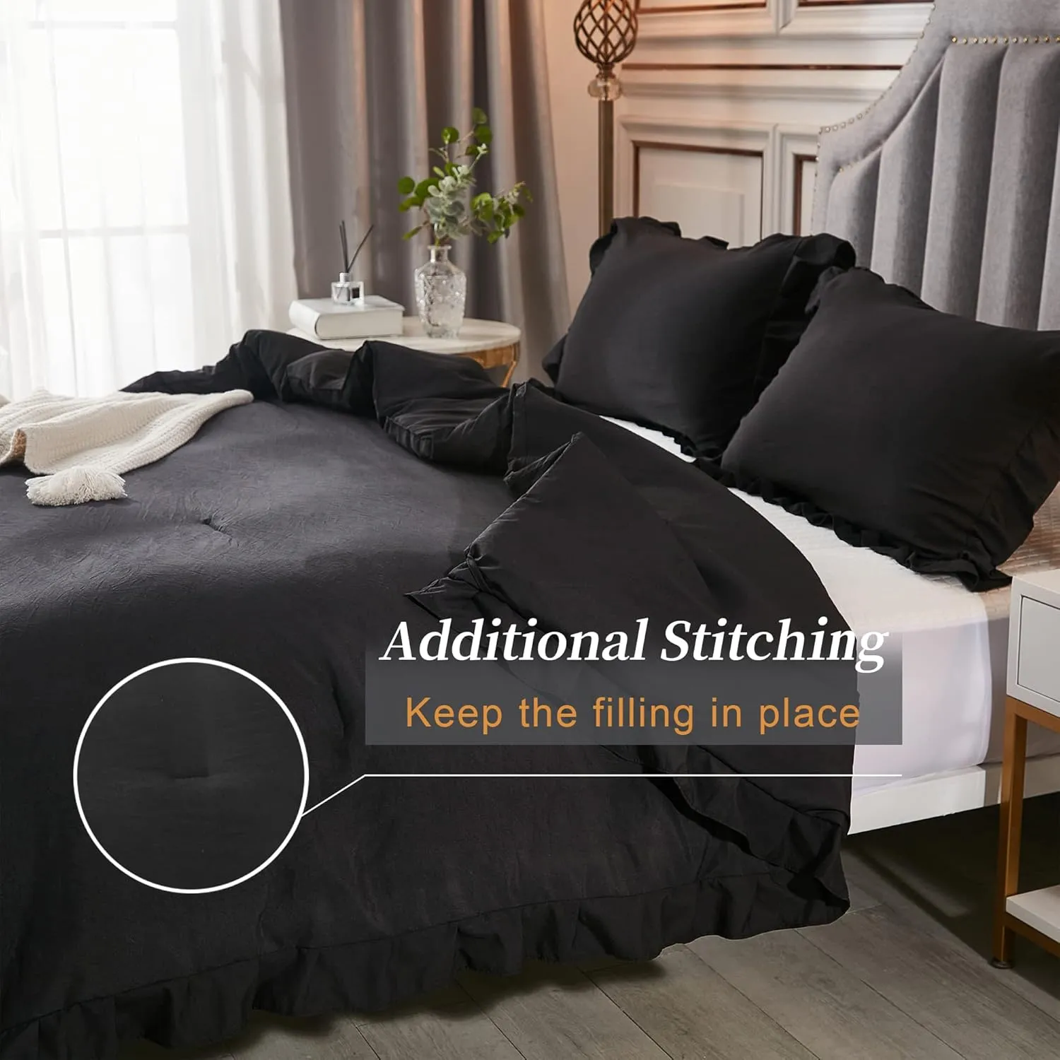 Andency Black Queen Comforter Set, 3 Pieces Farmhouse Shabby Chic Bedding Comforter & Sets for Queen Bed, Soft Lightweight Fluffy All Season Down Alternative Bed Set for Men Women