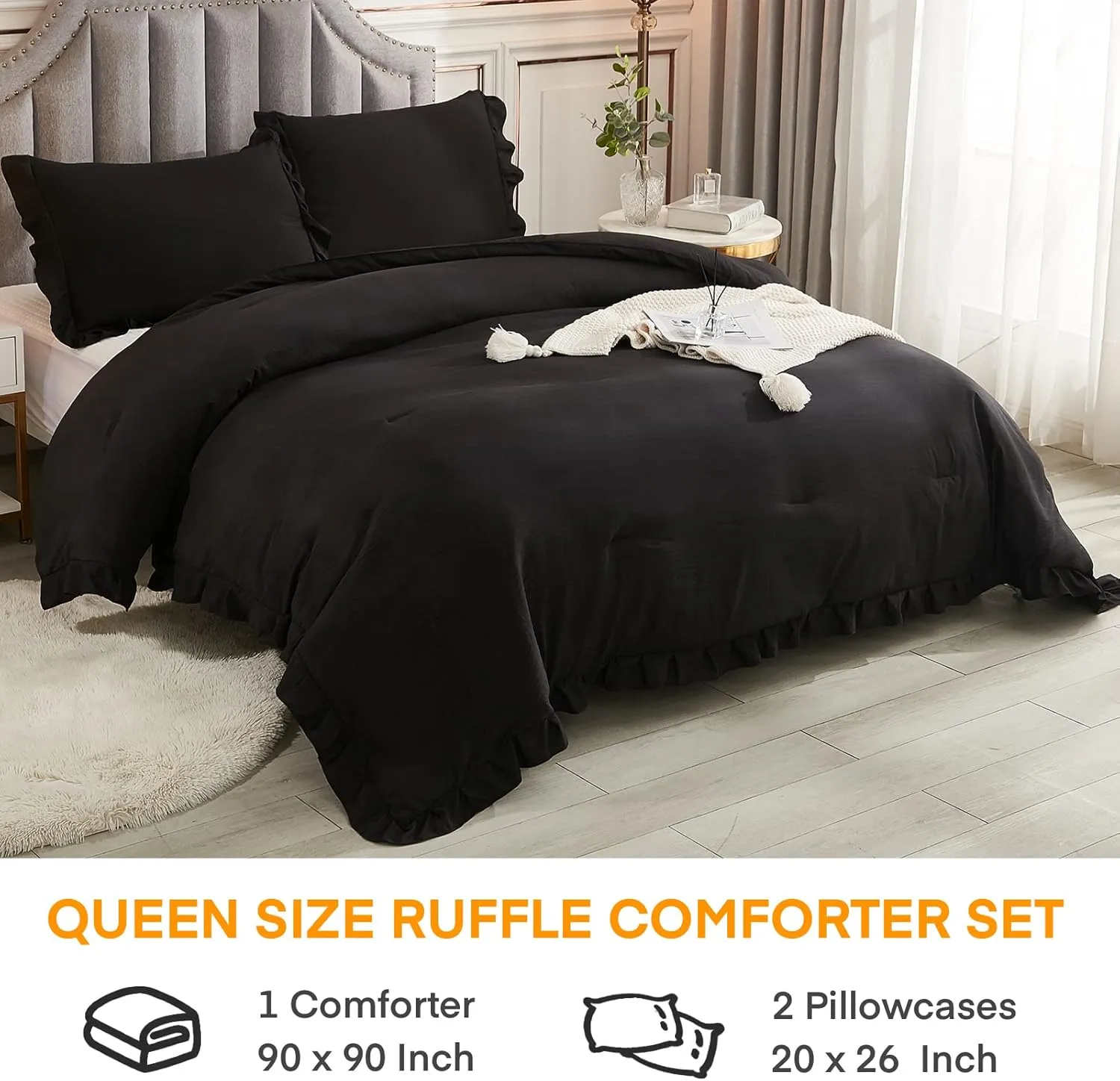 Andency Black Queen Comforter Set, 3 Pieces Farmhouse Shabby Chic Bedding Comforter & Sets for Queen Bed, Soft Lightweight Fluffy All Season Down Alternative Bed Set for Men Women