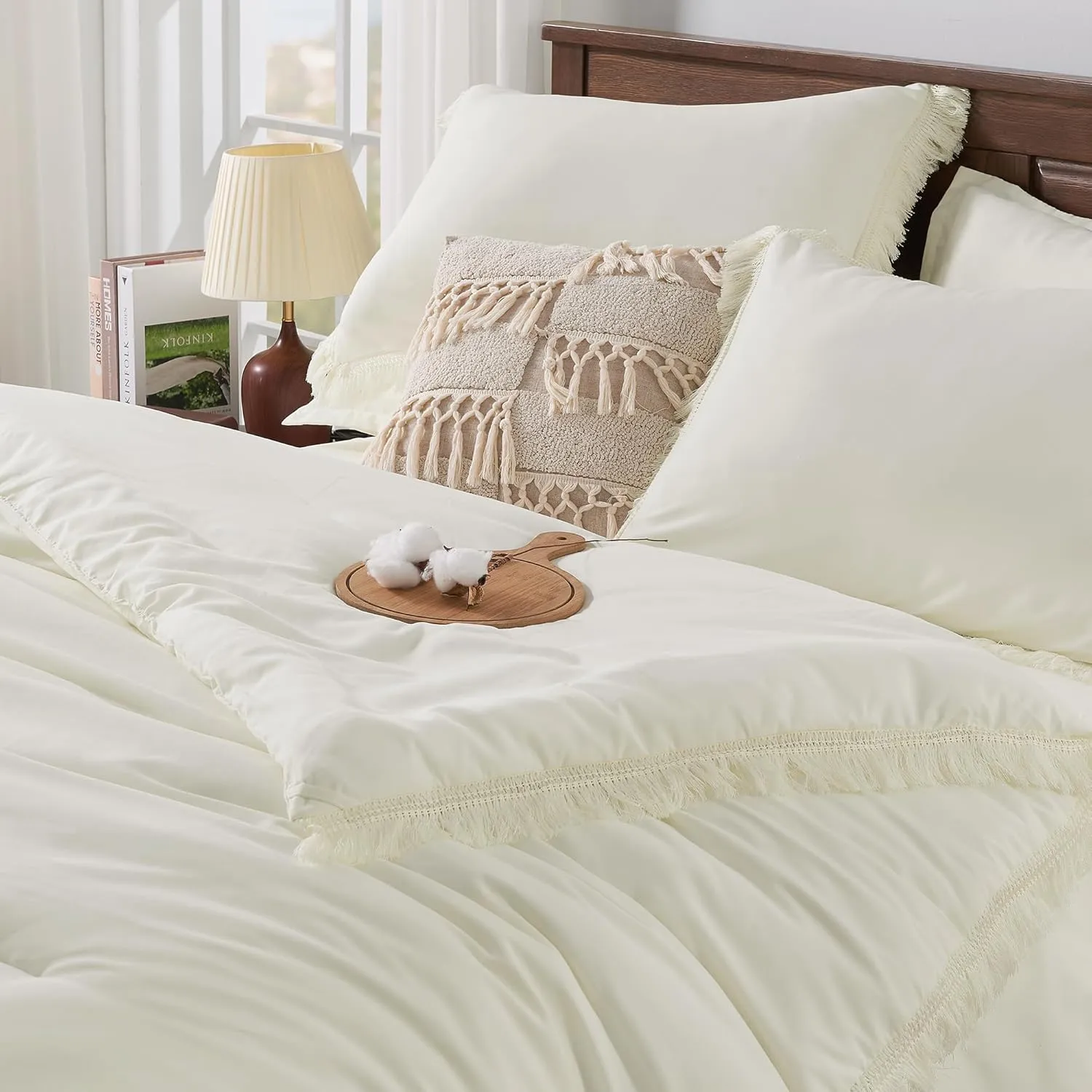 Andency Ivory Queen Size Comforter Set with Sheets - 7 Pieces Boho Tassel Bed in a Bag Soft Lightweight Bedding Sets, Ivory Fringe Bed Set with Comforter, Sheets, Pillowcases & Shams