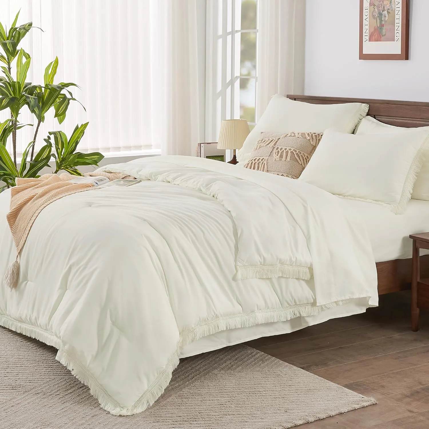 Andency Ivory Queen Size Comforter Set with Sheets - 7 Pieces Boho Tassel Bed in a Bag Soft Lightweight Bedding Sets, Ivory Fringe Bed Set with Comforter, Sheets, Pillowcases & Shams