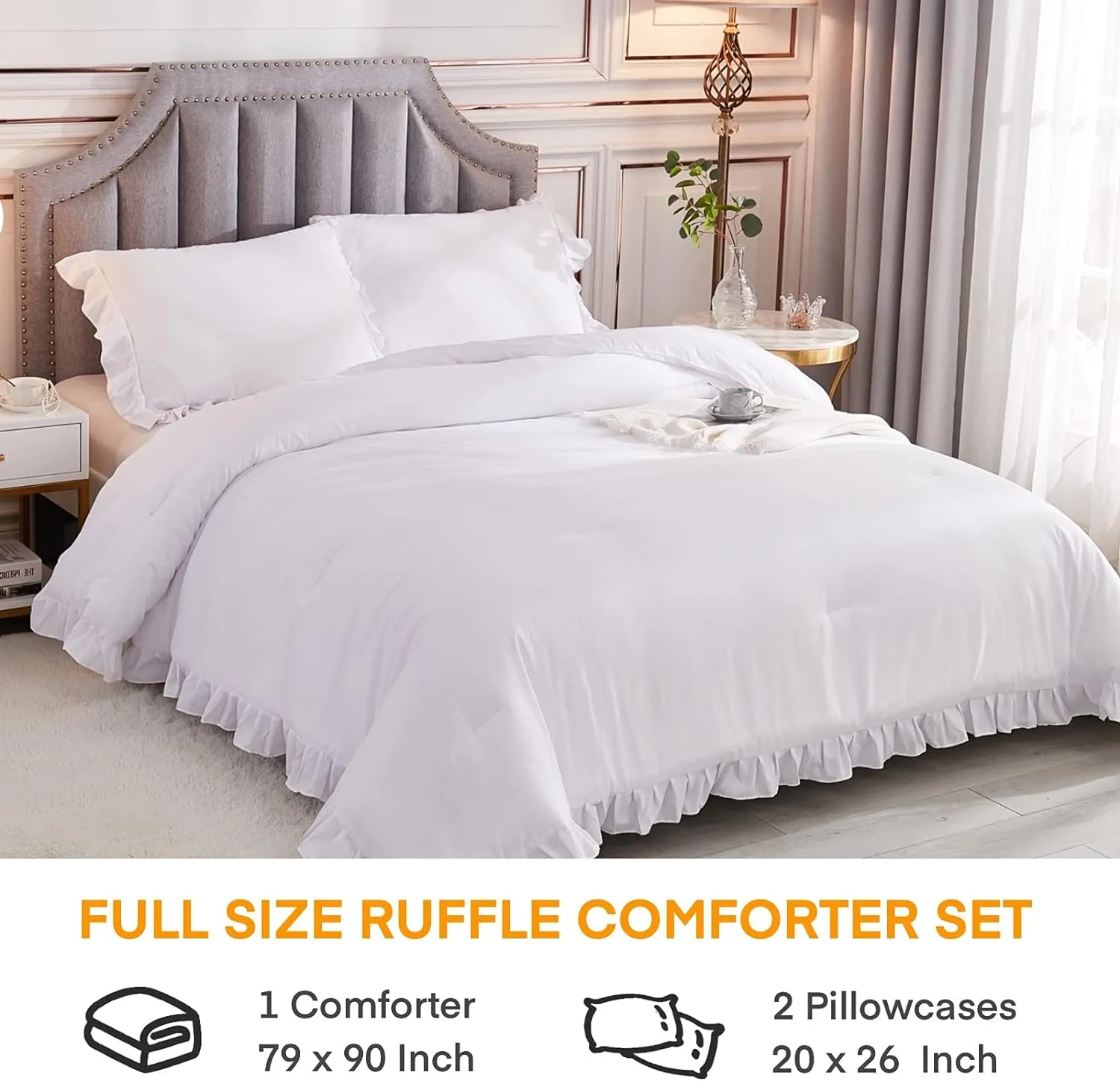 Andency White Comforter Full Size, 3 Pieces Solid Farmhouse Shabby Chic Ruffle Bedding Sets, All Season Soft Lightweight Comfy Down Alternative Bed Set for Girls Teens Men Women