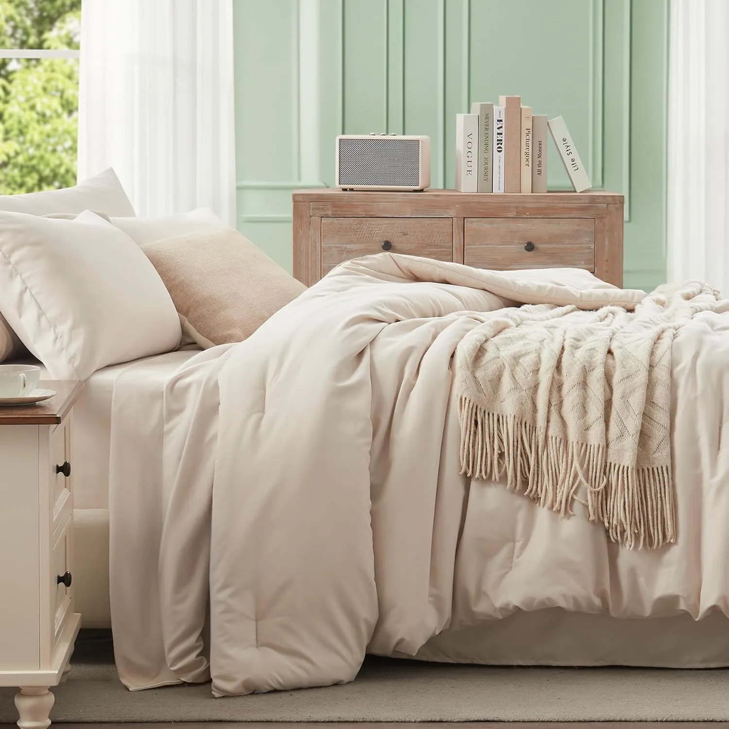Anluoer Beige Full Comforter Set 7 Pieces, Bed in a Bag with Sheets, All Season Bedding Sets with 1 Comforter, 2 Pillow Shams, 2 Pillowcases, 1 Flat Sheet, 1 Fitted Sheet