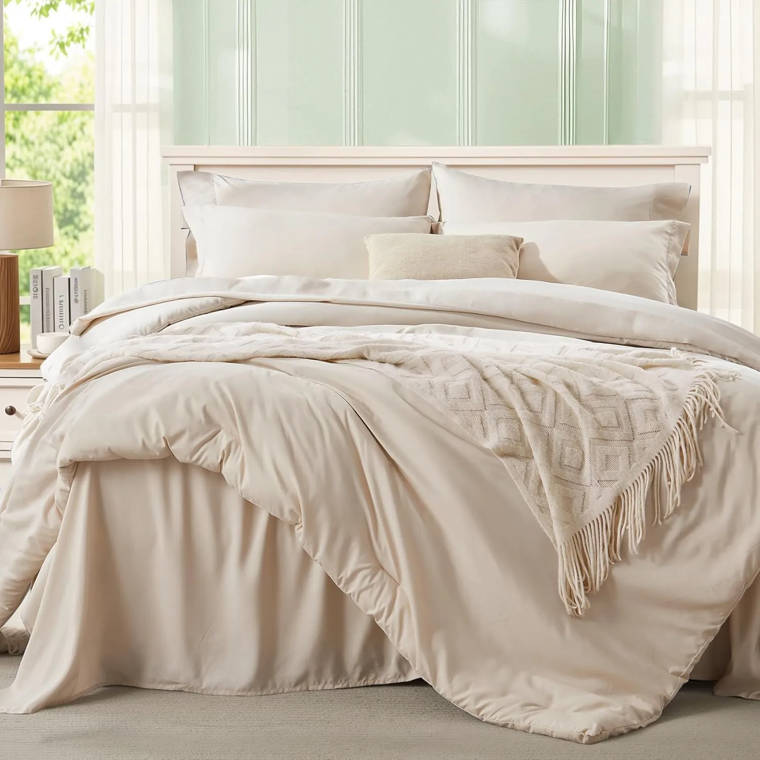 Anluoer Beige Full Comforter Set 7 Pieces, Bed in a Bag with Sheets, All Season Bedding Sets with 1 Comforter, 2 Pillow Shams, 2 Pillowcases, 1 Flat Sheet, 1 Fitted Sheet