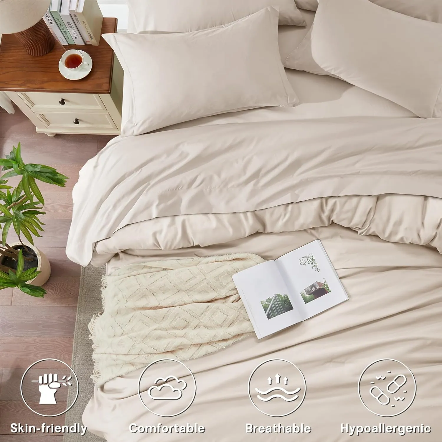 Anluoer Beige Full Comforter Set 7 Pieces, Bed in a Bag with Sheets, All Season Bedding Sets with 1 Comforter, 2 Pillow Shams, 2 Pillowcases, 1 Flat Sheet, 1 Fitted Sheet