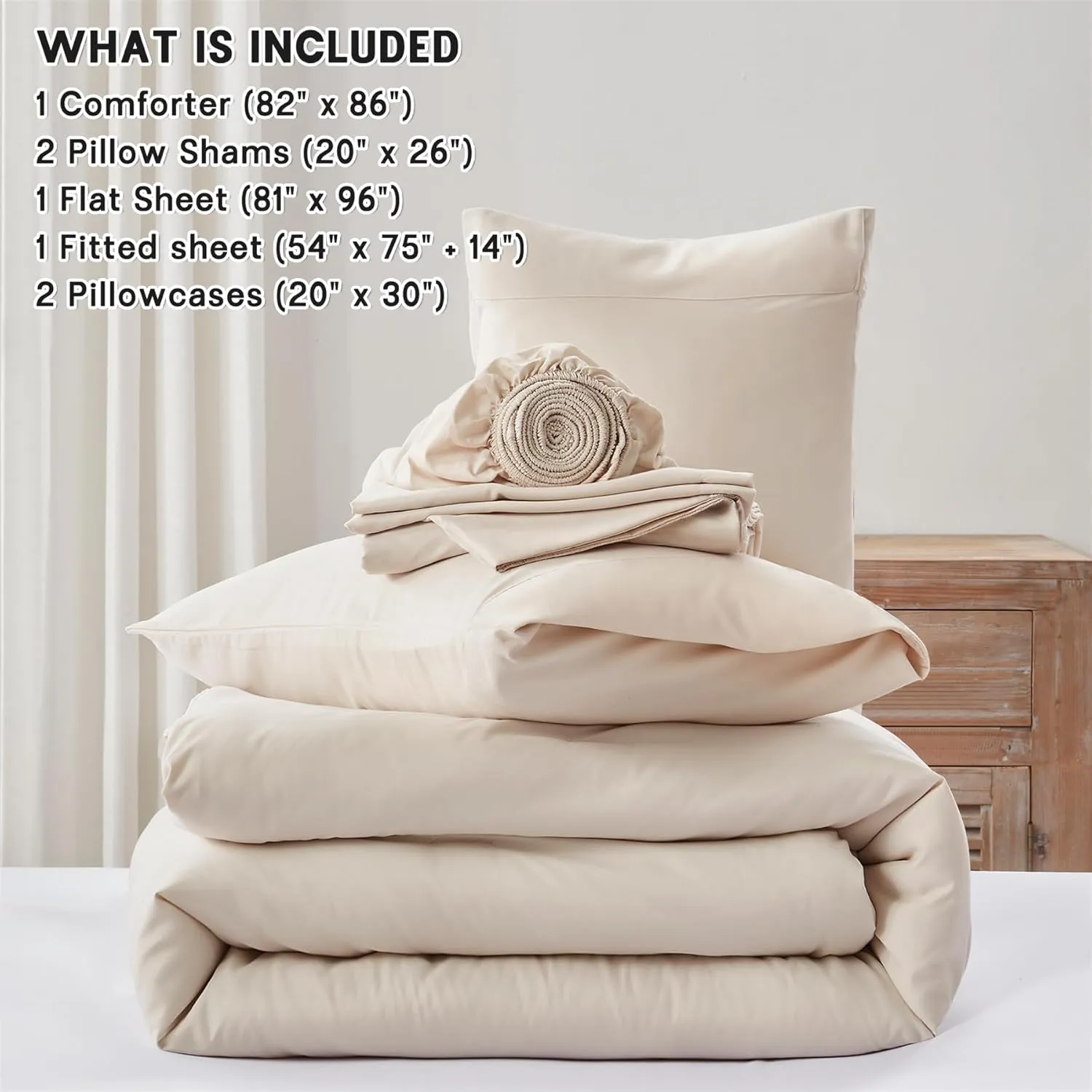 Anluoer Beige Full Comforter Set 7 Pieces, Bed in a Bag with Sheets, All Season Bedding Sets with 1 Comforter, 2 Pillow Shams, 2 Pillowcases, 1 Flat Sheet, 1 Fitted Sheet