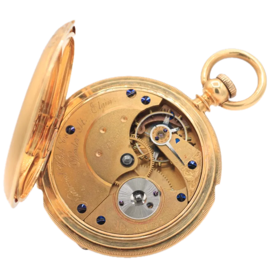 Antique 10s Elgin Dexter HZR & Bro Hunter Pocket Watch 28 w/ Box 18k Gold USA