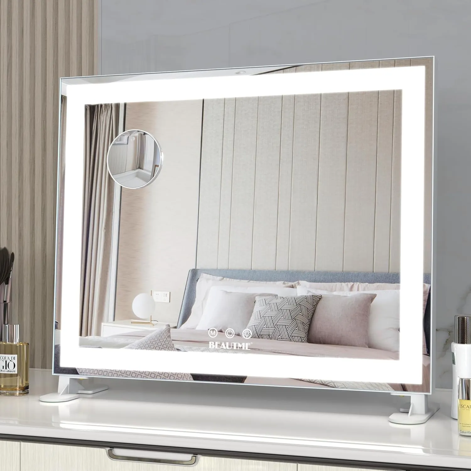 ANYHI Vanity Mirror with Lights, 19" x 16" Hollywood Makeup Mirror, Aluminum Brushed Frame, LED Light Strip, 3 Color Modes, Dimmable, Smart Touch Control, Silver