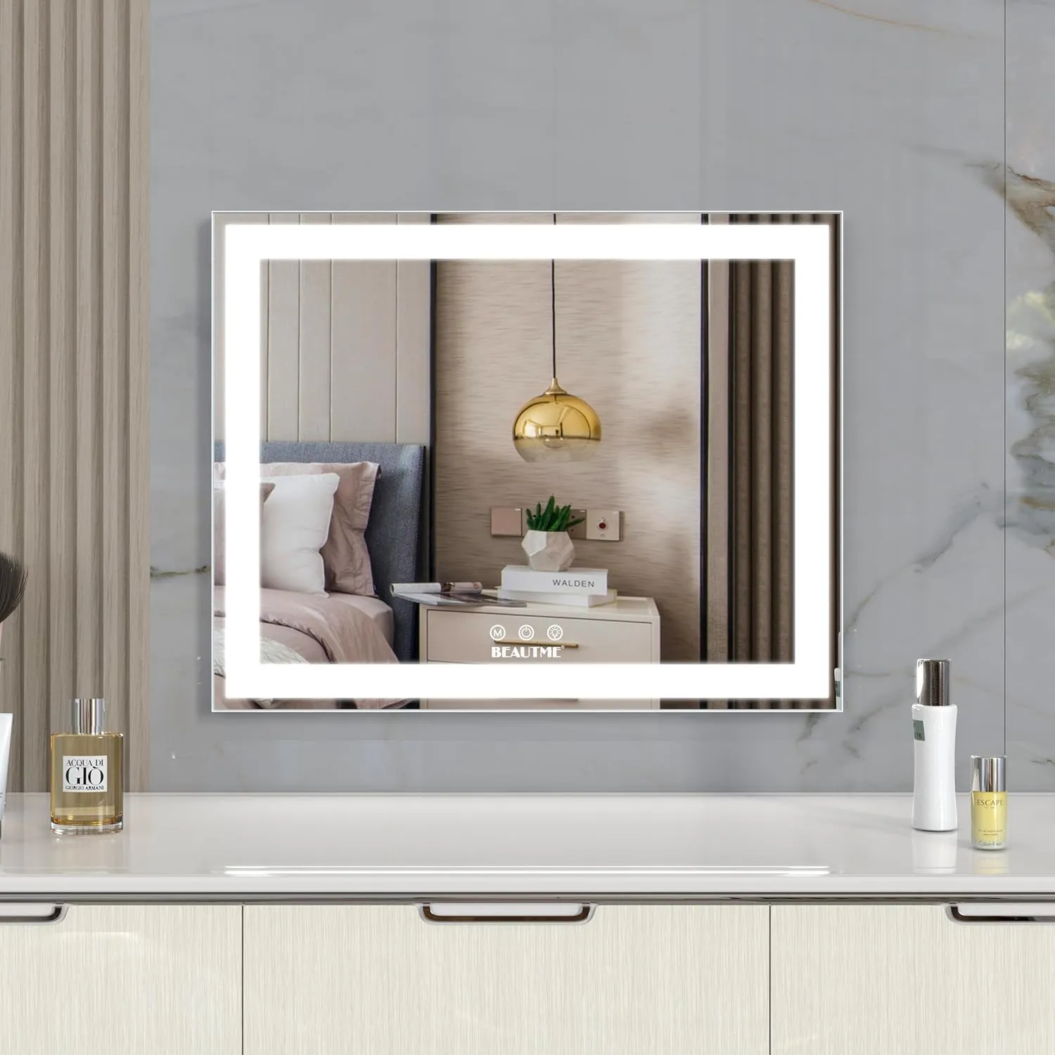 ANYHI Vanity Mirror with Lights, 19" x 16" Hollywood Makeup Mirror, Aluminum Brushed Frame, LED Light Strip, 3 Color Modes, Dimmable, Smart Touch Control, Silver