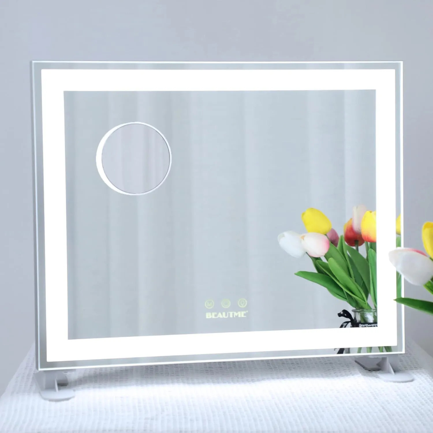 ANYHI Vanity Mirror with Lights, 19" x 16" Hollywood Makeup Mirror, Aluminum Brushed Frame, LED Light Strip, 3 Color Modes, Dimmable, Smart Touch Control, Silver