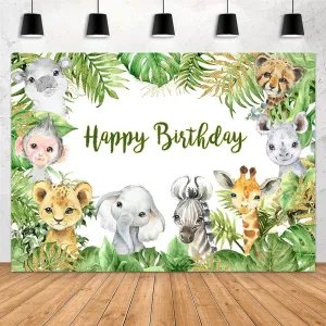 Aperturee 7x5ft Safari Jungle Animals Backdrop Happy Birthday Tropical Green Leaves Baby Girl Boy Photography Background Kid Portrait Party Decoration Photo Studio Booth Props Cake Table Banner