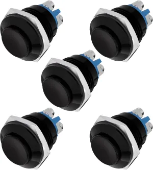 APIELE 16MM Momentary Push Button Switch 16mm Momentary Push Button Switch High Round Cap Waterproof Aluminum Shell High Flush Screw Terminals 250V AC 5A 12V 36V DC 2A 1NO SPST (5pcs Black)