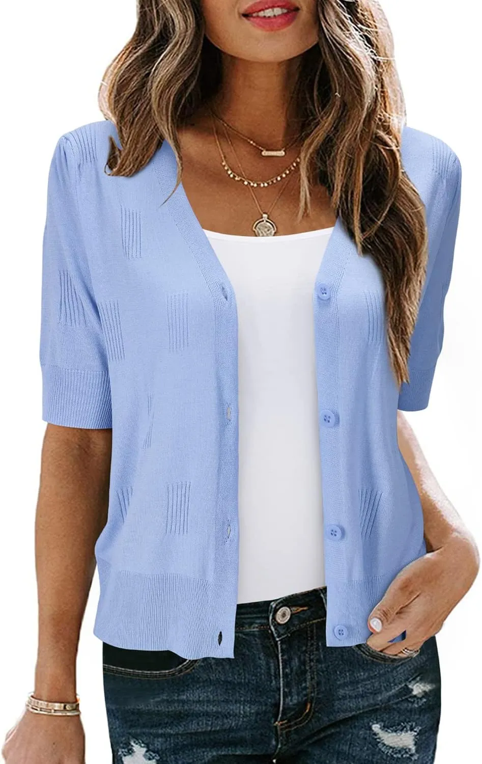 Arach&Cloz Women's Lightweight Summer Business Casual Cropped Short Sleeve Cardigan