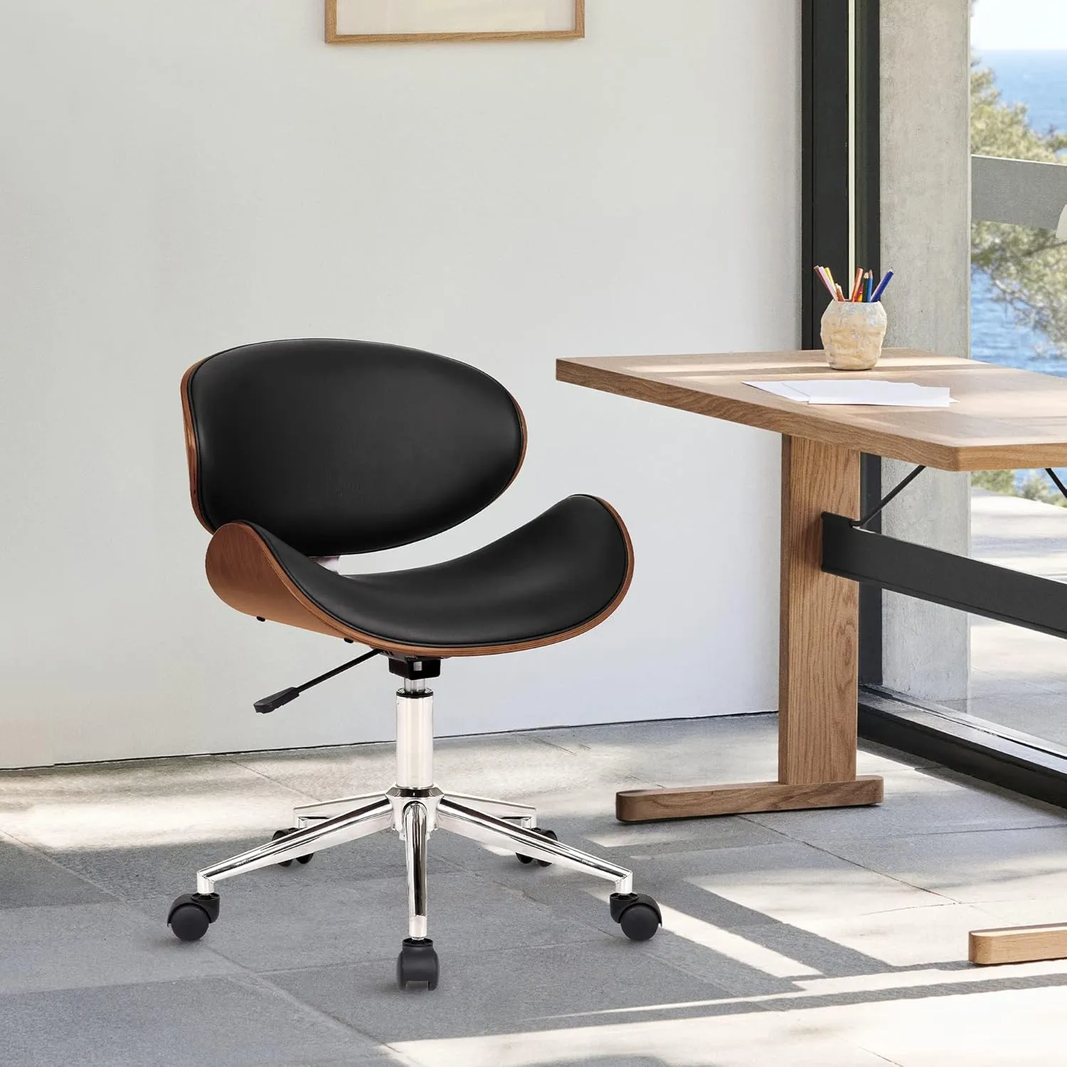 Armen Living Daphne Office Chair in Black Faux Leather and Chrome Finish, 33" x 21" x 20"