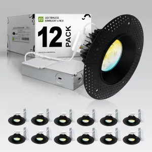 ASD Trimless LED Recessed Lighting 6 Inch, 24W 120V Round Commercial Downlight, Canless Dimmable Lights for Ceiling, 5 CCT 2700K-5000K, CRI 90 , IC Rated, ETL, Energy Star, Black, 12 Pack