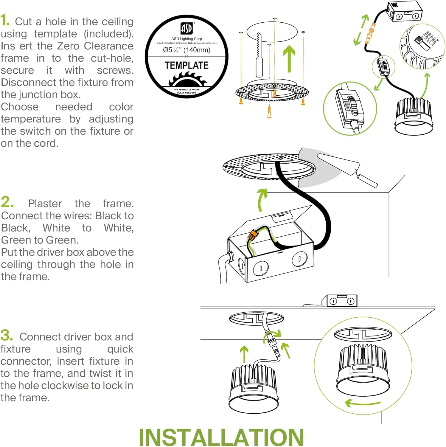 ASD Trimless LED Recessed Lighting 6 Inch, 24W 120V Round Commercial Downlight, Canless Dimmable Lights for Ceiling, 5 CCT 2700K-5000K, CRI 90 , IC Rated, ETL, Energy Star, Black, 12 Pack