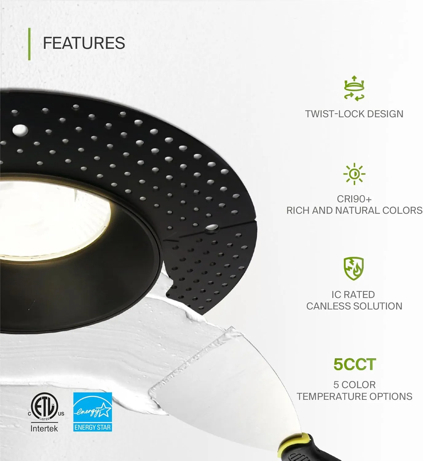 ASD Trimless LED Recessed Lighting 6 Inch, 24W 120V Round Commercial Downlight, Canless Dimmable Lights for Ceiling, 5 CCT 2700K-5000K, CRI 90 , IC Rated, ETL, Energy Star, Black, 12 Pack