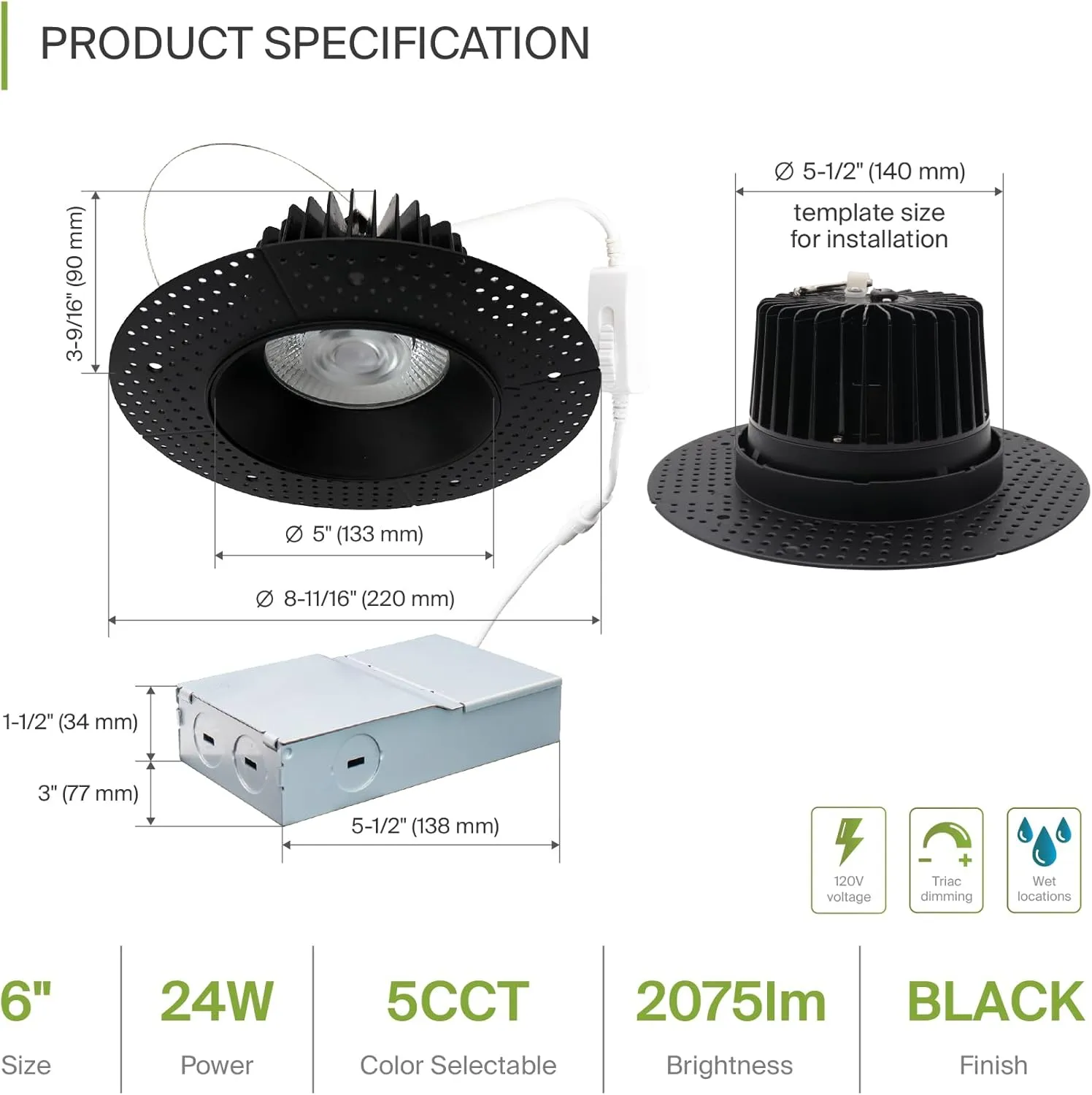 ASD Trimless LED Recessed Lighting 6 Inch, 24W 120V Round Commercial Downlight, Canless Dimmable Lights for Ceiling, 5 CCT 2700K-5000K, CRI 90 , IC Rated, ETL, Energy Star, Black, 12 Pack