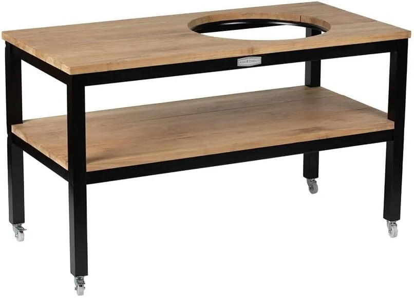 Ash & Ember Grade A Teak Ceramic Grill Table, Weather Resistant Grill Stand, Sturdy Aluminum Frame, Fits L Big Green Egg & Kamado Joe, Portable Outdoor Grill Table with Two Large Shelves