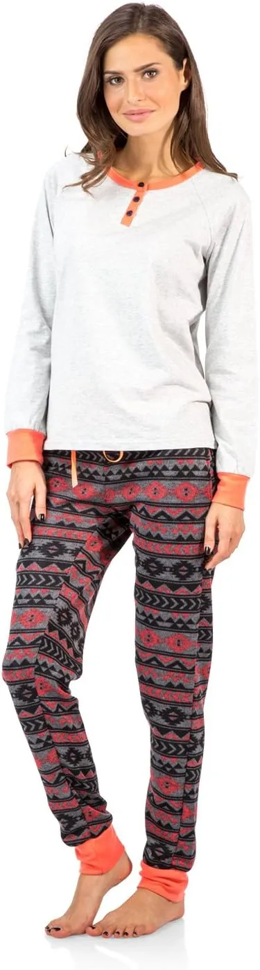 Ashford & Brooks Women's Cotton Henley with Sweater Fleece Pants Pajama Set