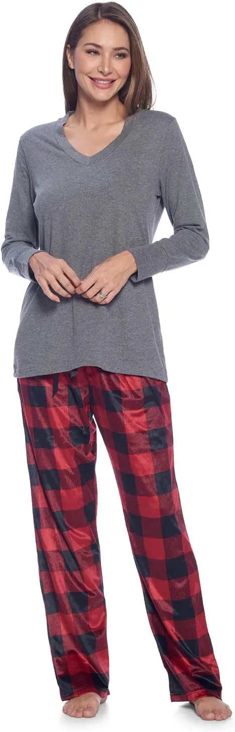Ashford & Brooks Women's Jersey Knit Long-Sleeve Top and Mink Fleece Bottom Pajama Set