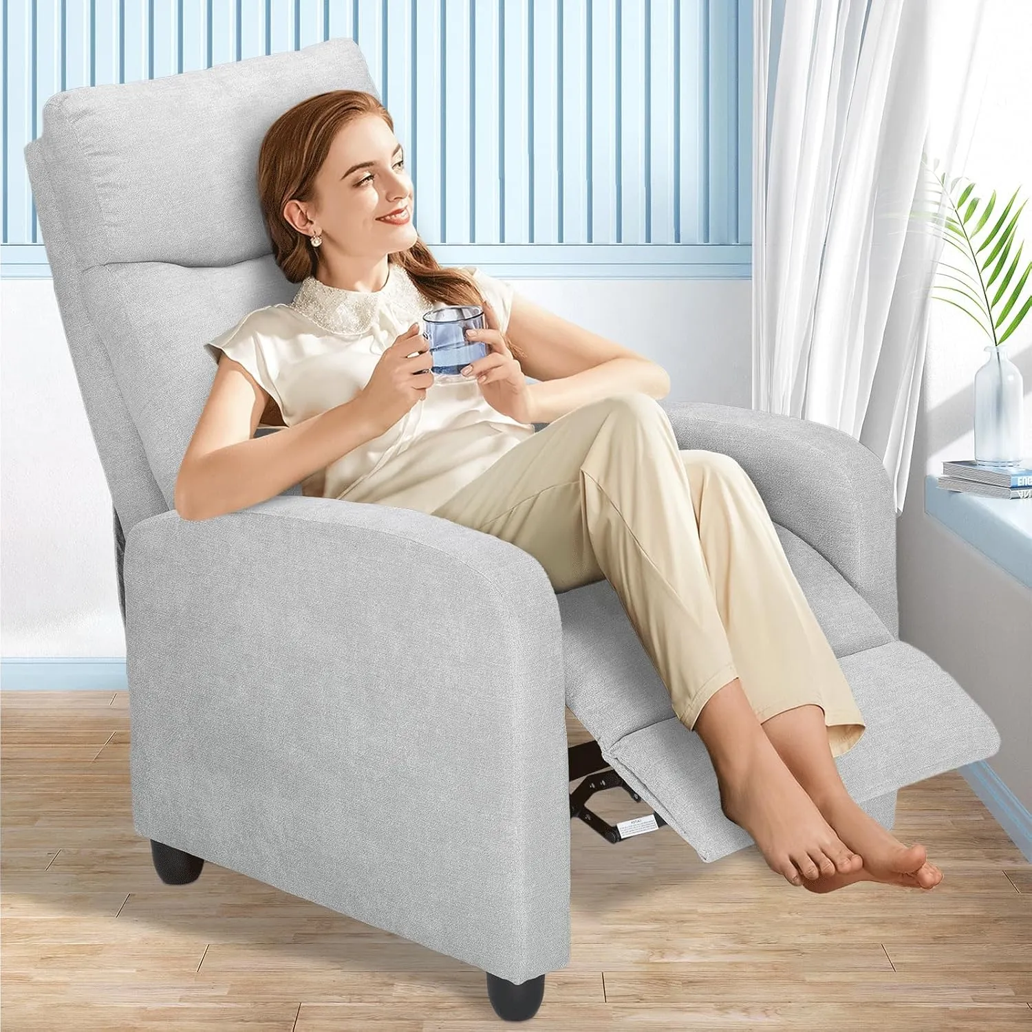 Athena Collection Recliner Chair, Reclining Lounge Chair with Adjustable Backrest and Footrest for Adults, Linen Upholstered Small Recliner Single Sofa for Small Space, Living Room, Bedroom, Grey