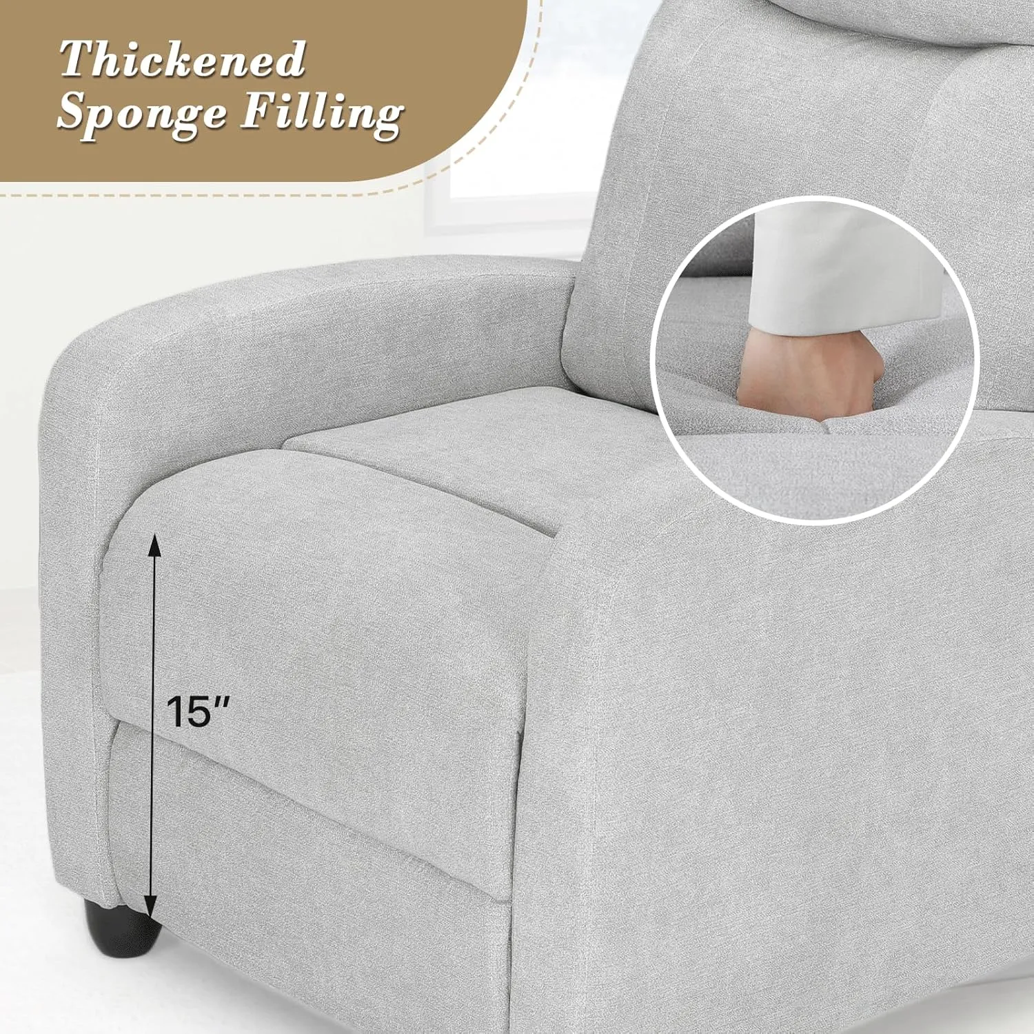 Athena Collection Recliner Chair, Reclining Lounge Chair with Adjustable Backrest and Footrest for Adults, Linen Upholstered Small Recliner Single Sofa for Small Space, Living Room, Bedroom, Grey