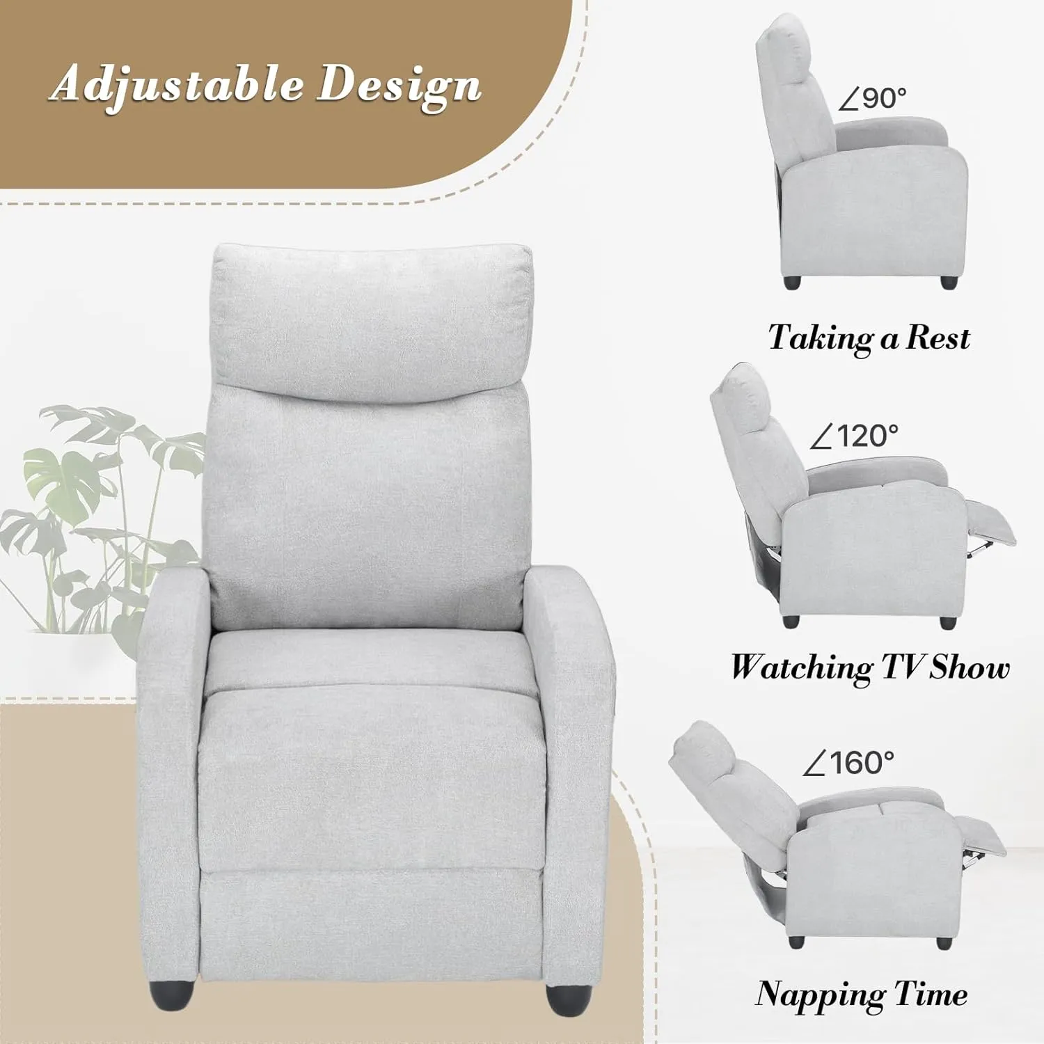 Athena Collection Recliner Chair, Reclining Lounge Chair with Adjustable Backrest and Footrest for Adults, Linen Upholstered Small Recliner Single Sofa for Small Space, Living Room, Bedroom, Grey