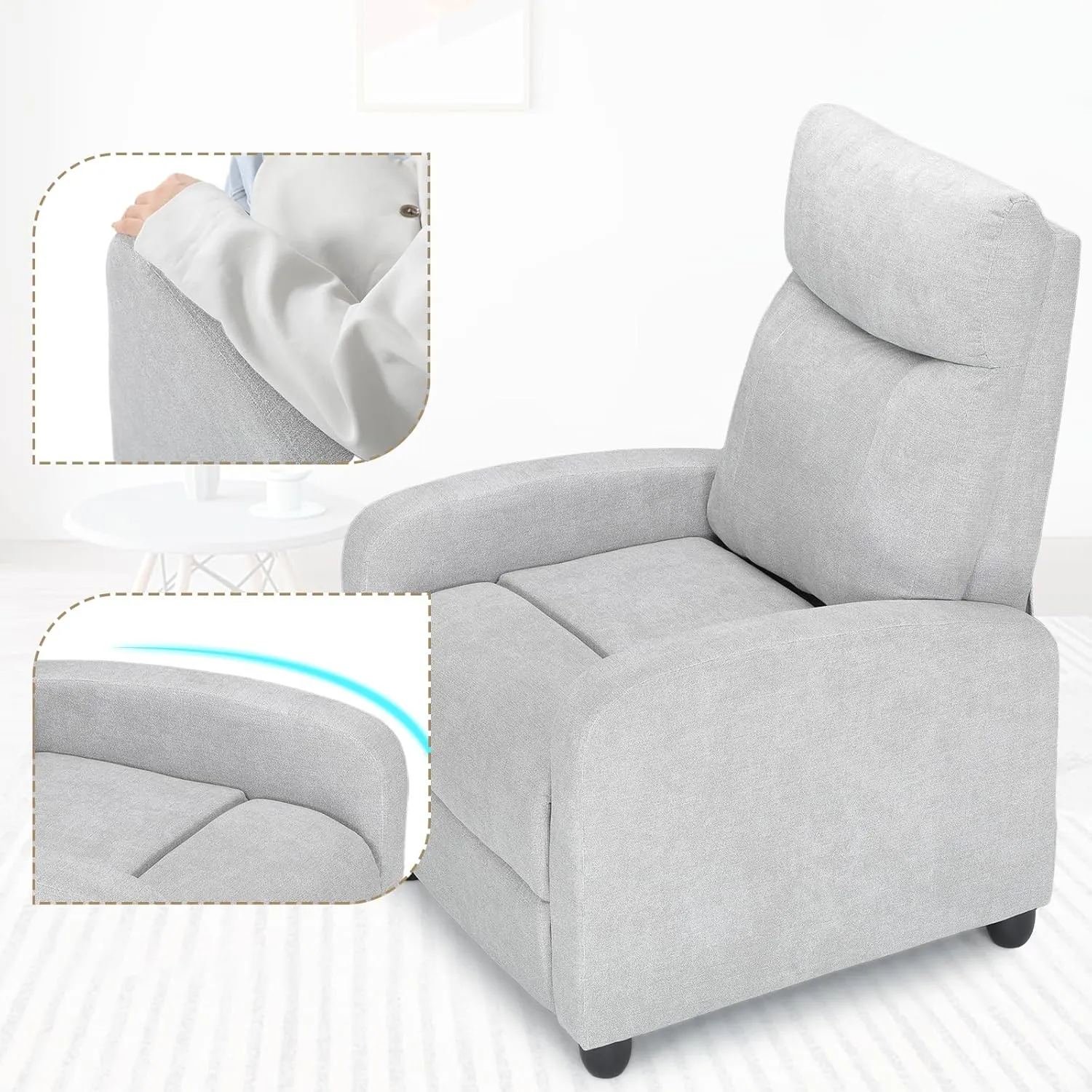 Athena Collection Recliner Chair, Reclining Lounge Chair with Adjustable Backrest and Footrest for Adults, Linen Upholstered Small Recliner Single Sofa for Small Space, Living Room, Bedroom, Grey