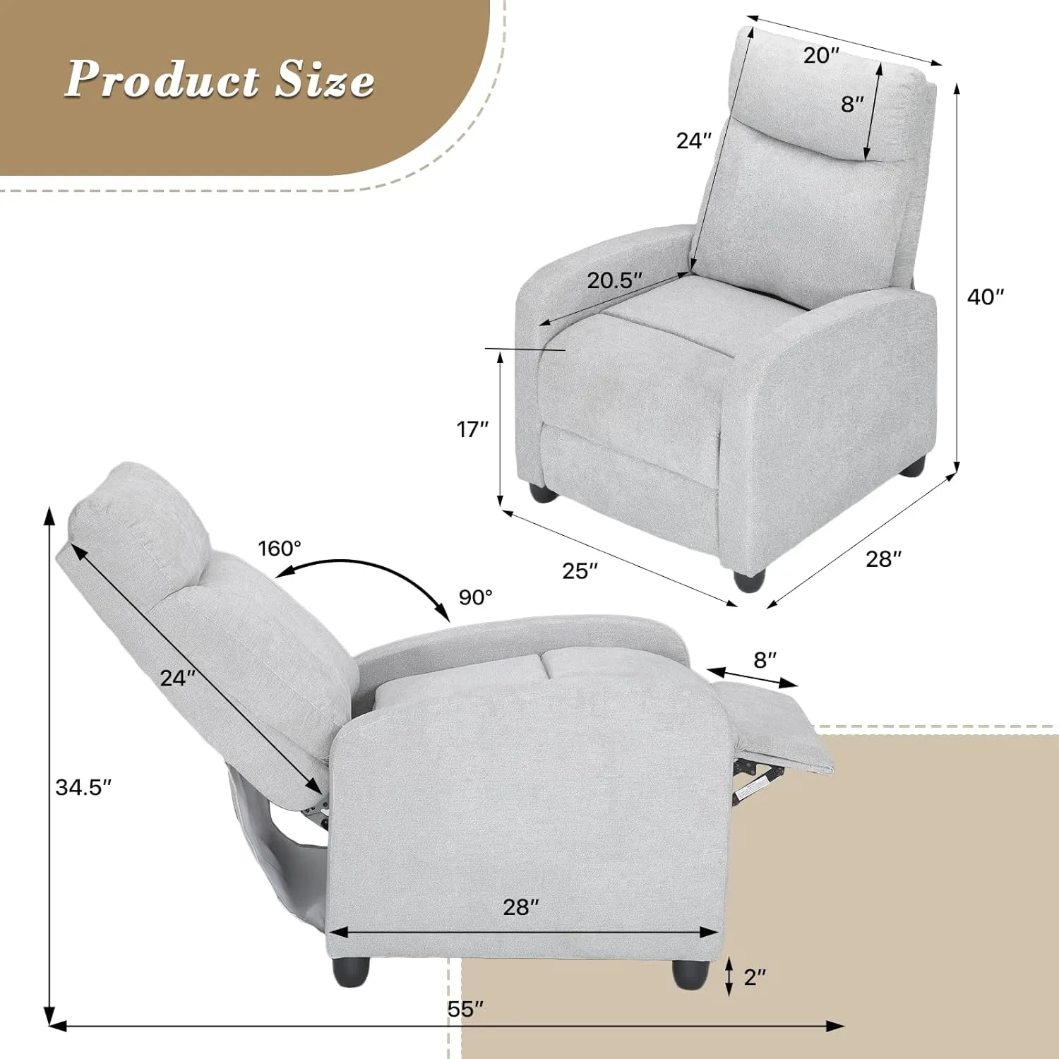 Athena Collection Recliner Chair, Reclining Lounge Chair with Adjustable Backrest and Footrest for Adults, Linen Upholstered Small Recliner Single Sofa for Small Space, Living Room, Bedroom, Grey