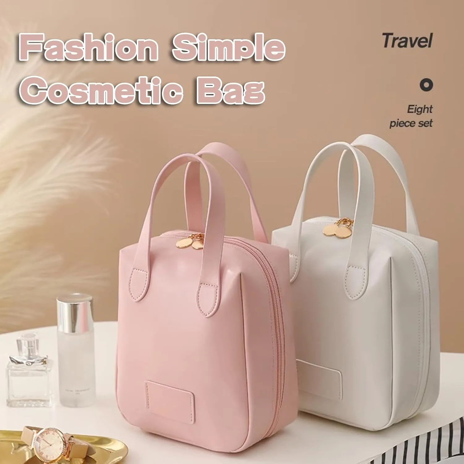 Atlodas Premium Makeup Bag, Portable Puffer Cosmetic Bag for Women with Compartments Large Capacity Travel Makeup Bag for Purse (Pink White)
