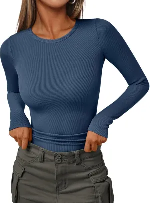 AUTOMET Womens Ribbed Shirts Crewneck Fitted Tops Casual Underscrubs Layer Slim Basic T-Shirts