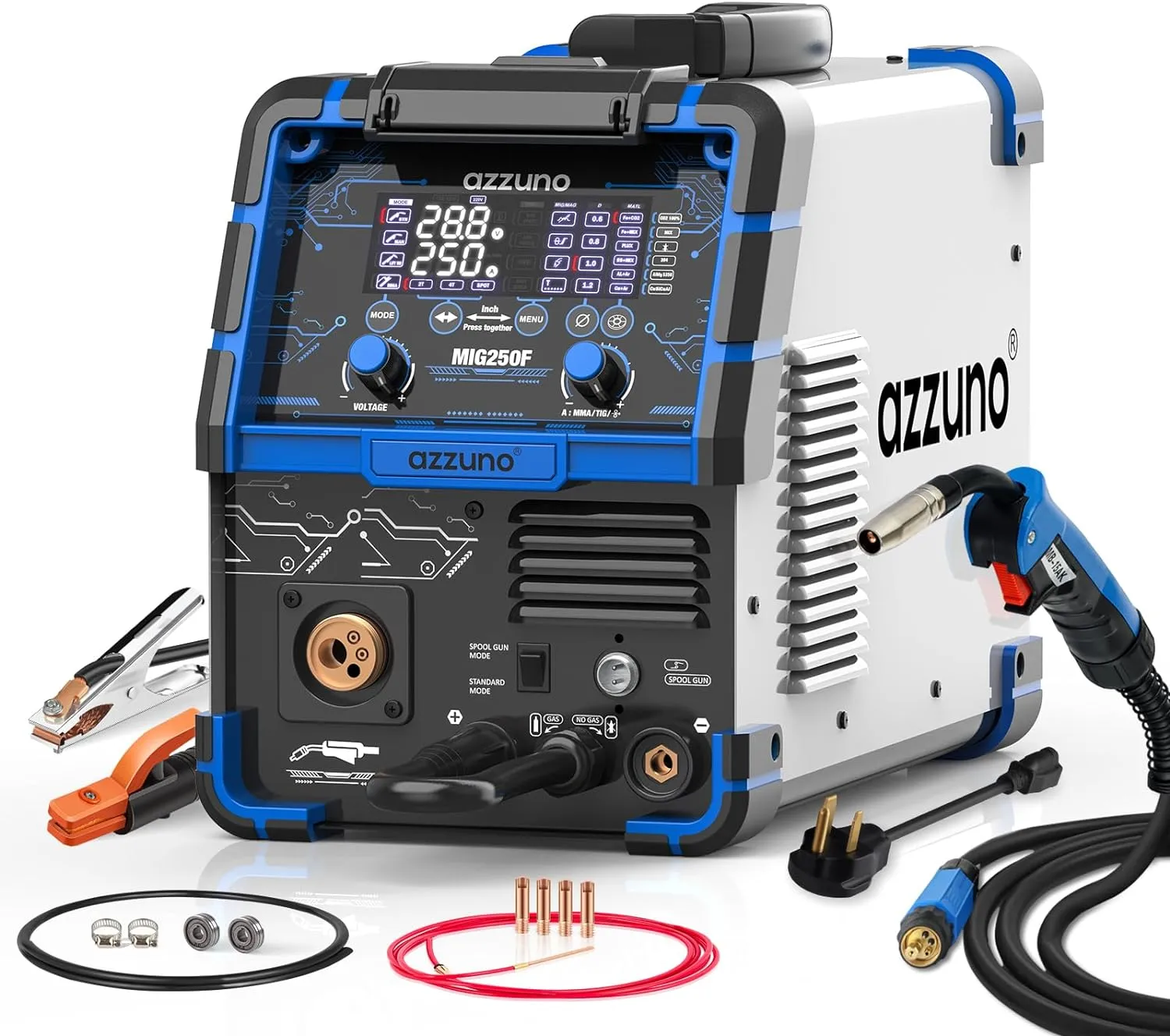 AZZUNO Aluminum 250Amp MIG Welder,6 in 1 Gas MIG/Gasless Flux Core/Stick/Lift TIG/Spot Welding/Spool Gun Compatible Welding Machine 110V/220V Large LED Display Multi Process Welder