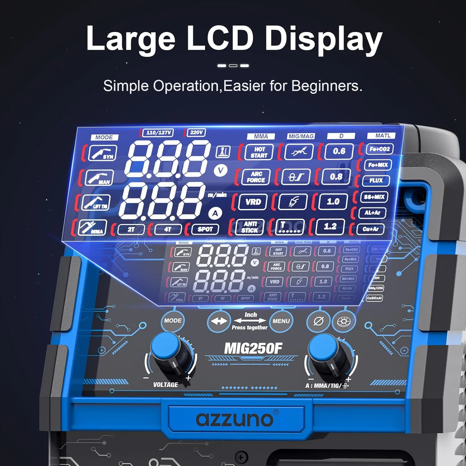 AZZUNO Aluminum 250Amp MIG Welder,6 in 1 Gas MIG/Gasless Flux Core/Stick/Lift TIG/Spot Welding/Spool Gun Compatible Welding Machine 110V/220V Large LED Display Multi Process Welder