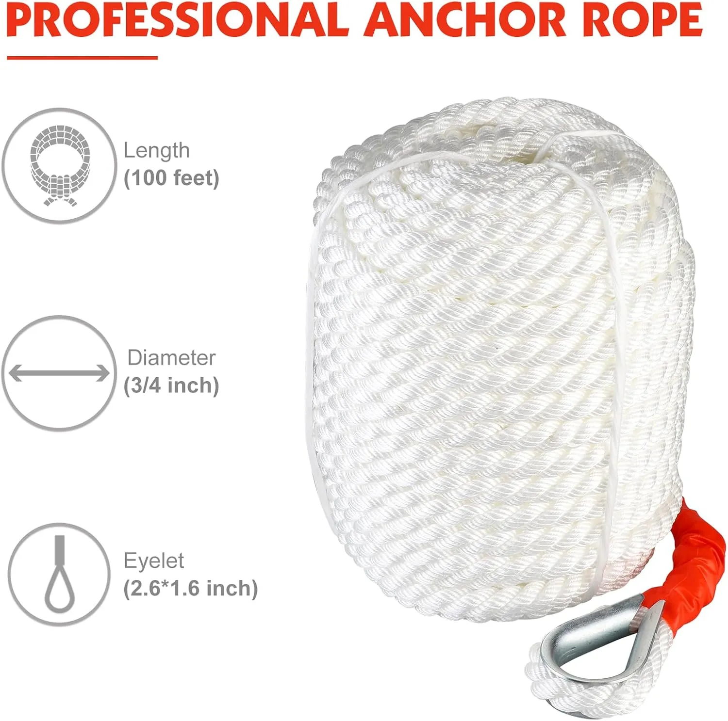 B4B BANG 4 BUCK 3/4" x150' Anchor Rope, Polypropylene Docking Dockline Boat/Sailboat/Mooring/Pull Lines with Thimble, 12592LB Breaking Strain