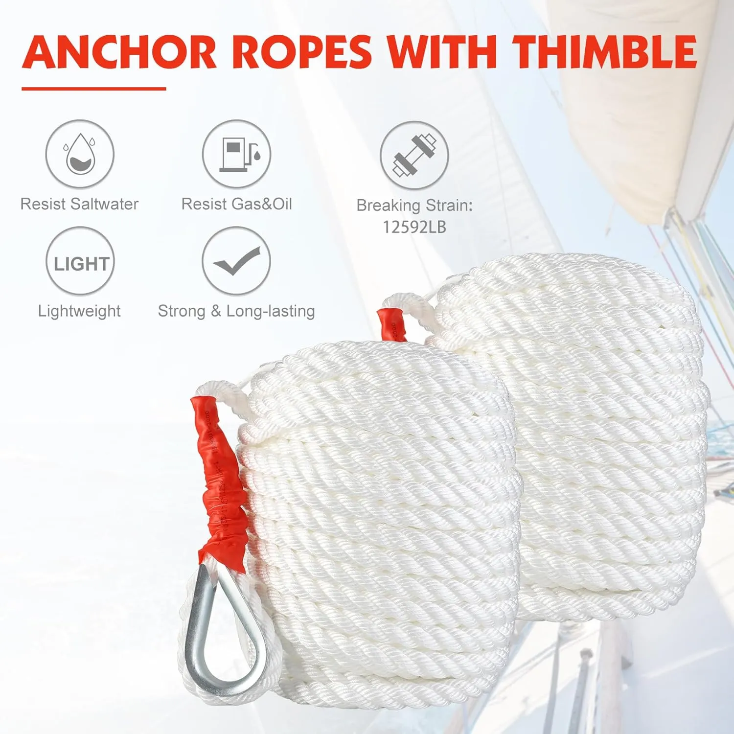 B4B BANG 4 BUCK 3/4" x150' Anchor Rope, Polypropylene Docking Dockline Boat/Sailboat/Mooring/Pull Lines with Thimble, 12592LB Breaking Strain