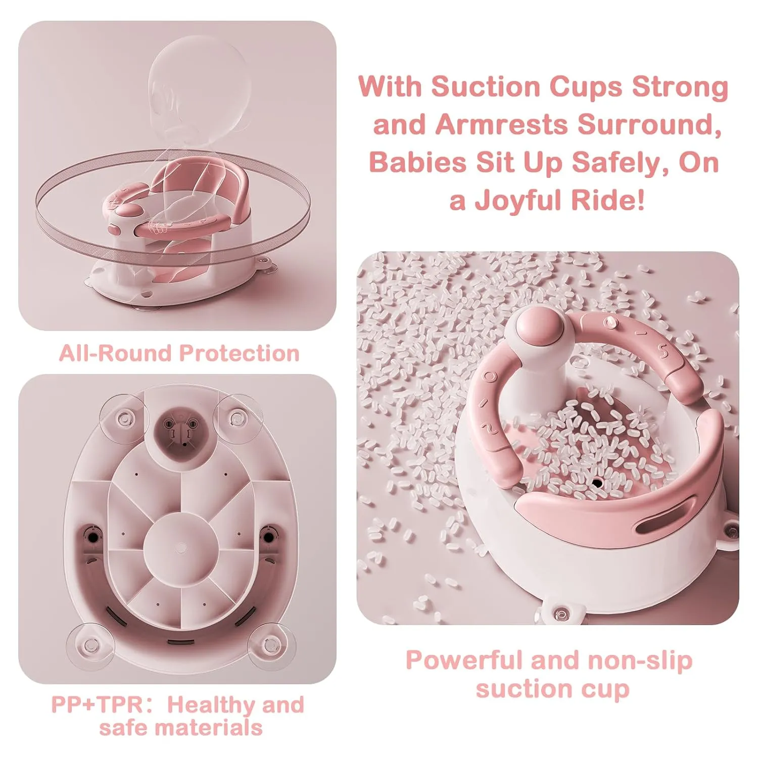 Baby Bath Seat for Babies 6 Months & up, Sure & Secure Suction Cups, Non-Slip Baby Bath Seat, Detachable, Safe & Comfortable Baby Bath Support, Baby Bath for Bathtub/Living Room/Shower Room (Pink)